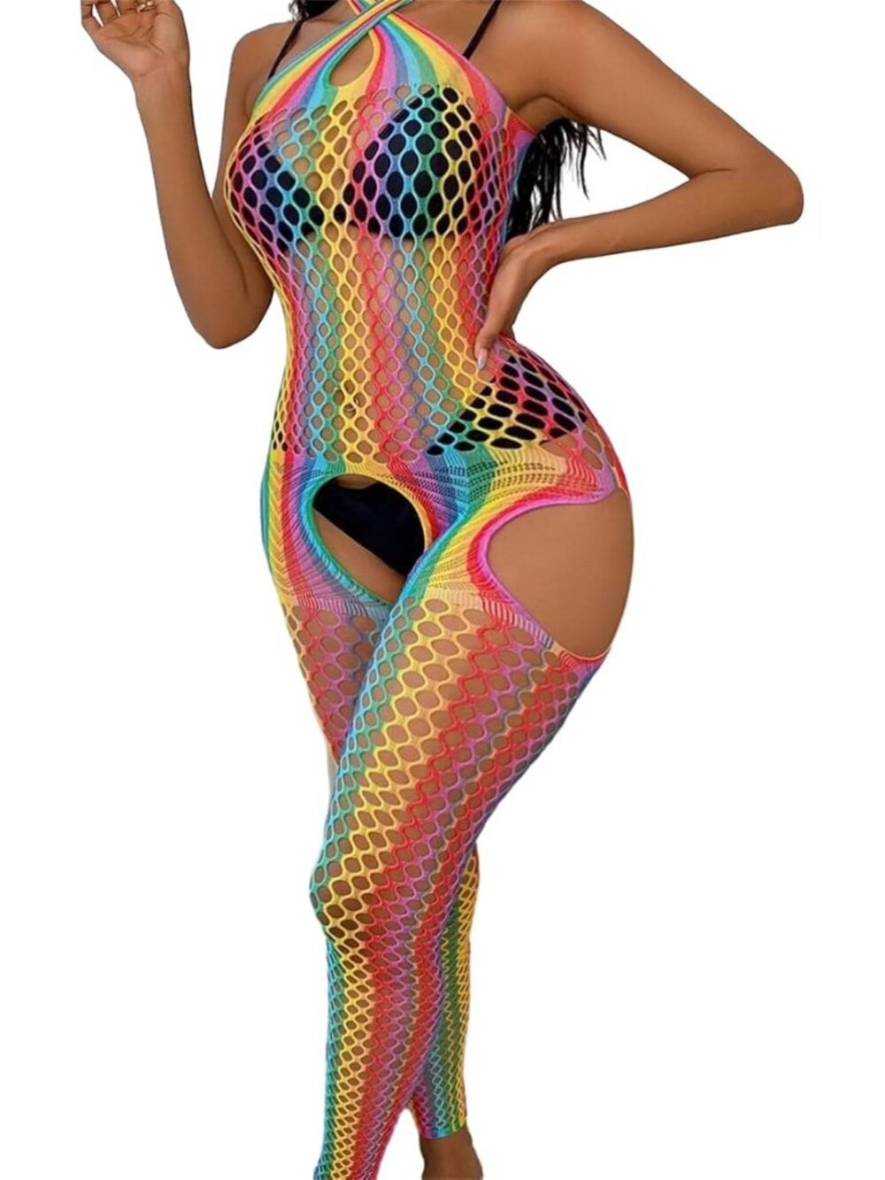 Women's Rainbow Striped Fishnet Imported Babydoll Cosplay Mini Dress Bodysuit